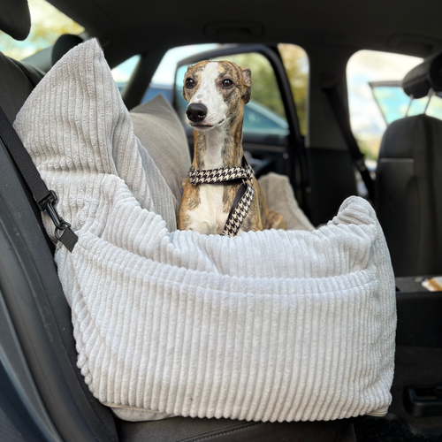 Fotelik samochodowy i legowisko 2w1 dla dużego psa - sztruks szary