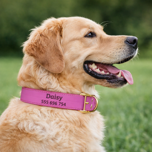 Skórzana obroża z personalizacją CANDY różowa