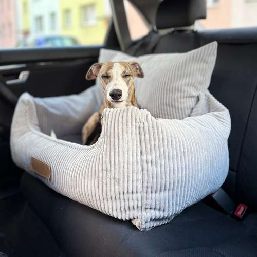 Fotelik samochodowy i legowisko 2w1 dla dużego psa - sztruks szary